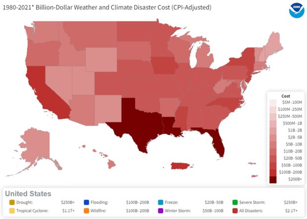 US map of costs of billion-dollar disasters by state