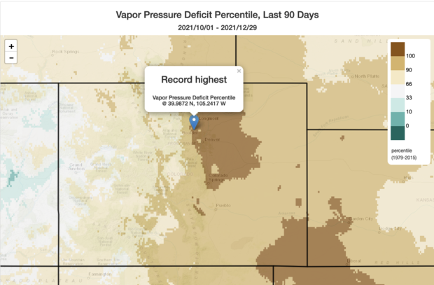 Map of Oct-Dec 2021 vapor pressure deficit percentiles in Colorado