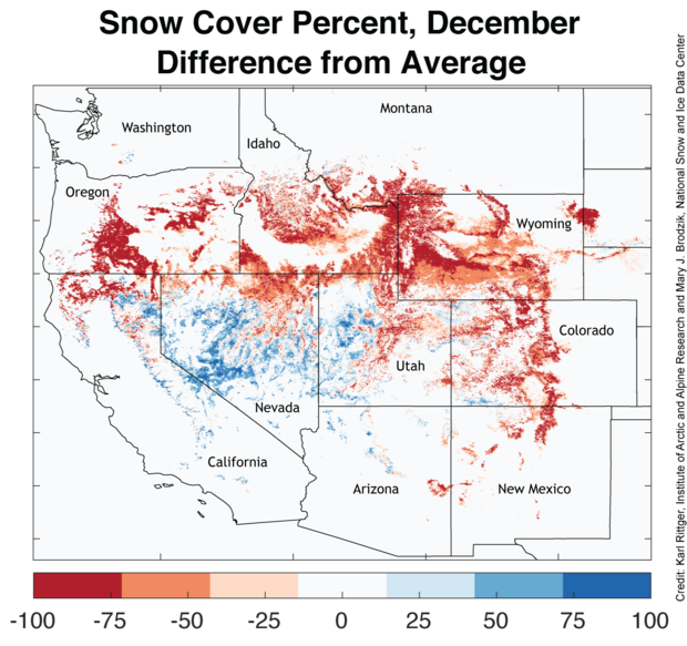 Map of Western United States snow cover anomalies in December 2021