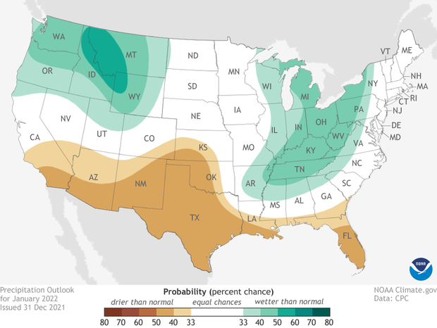Map of U.S. precipitation outlook for January 2022