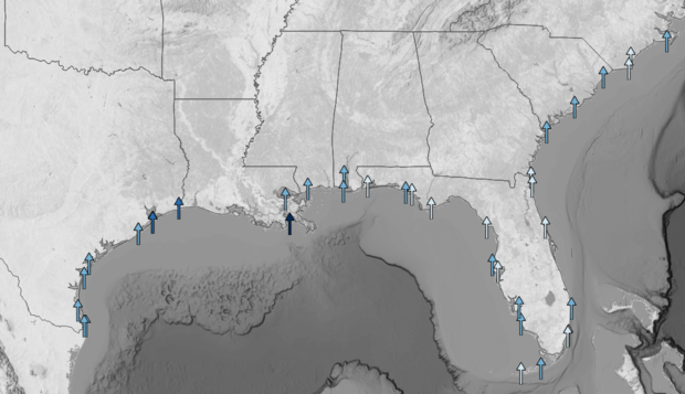 Screenshot of interactive map of local sea level rise in the U.S. around the Gulf of Mexico