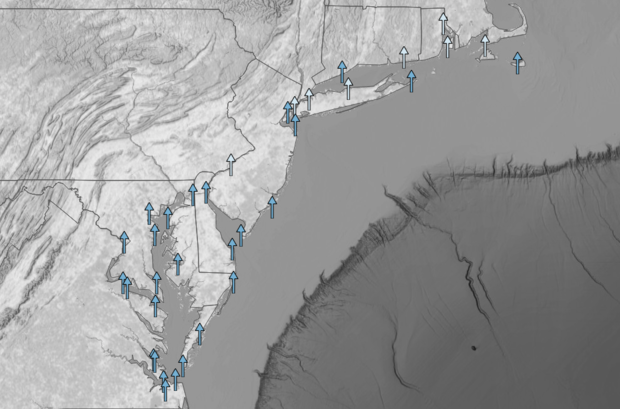 Screenshot of interactive map of local sea level rise in the U.S. Mid-Atlantic
