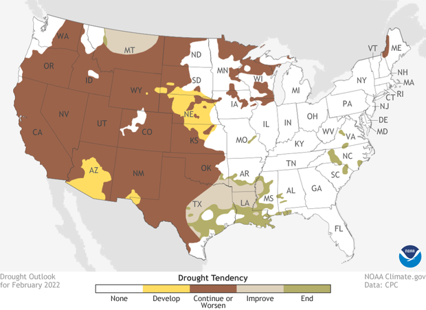 US drought outlook for February 2022