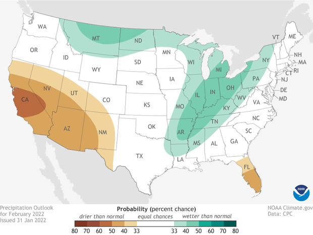US Precipitation outlook for February 2022