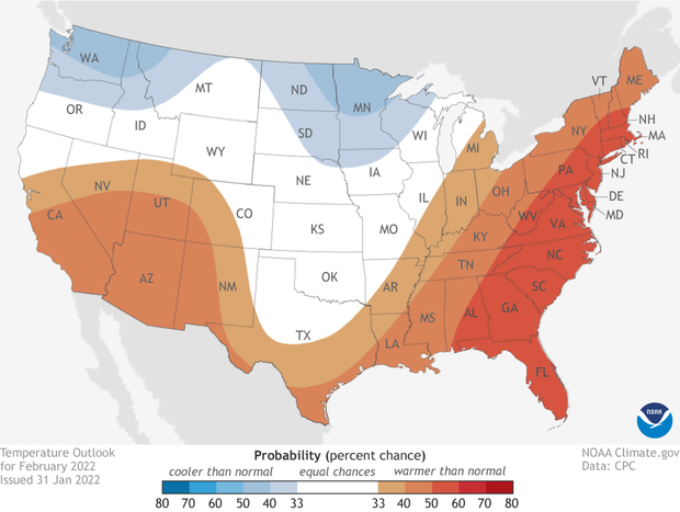 US temperature outlook for February 2022
