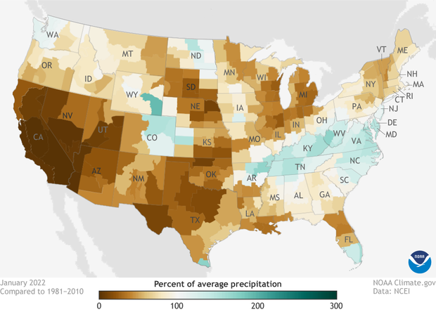 U.S. map showing percent of average precipitation for January 2022