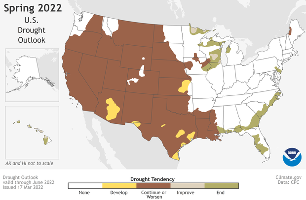 Map of drought forecast across the United States through June 2022