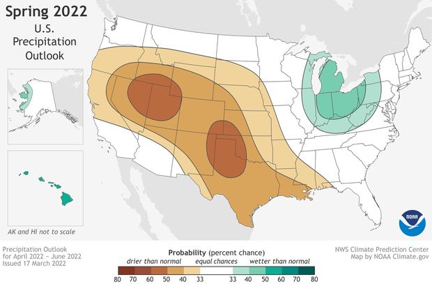 Map of precipitation forecast for the United States for April–June 2022