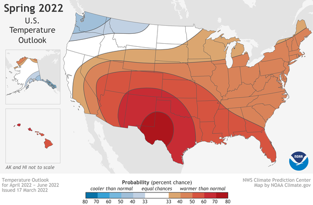Map of temperature forecast for the United States for April–June 2022