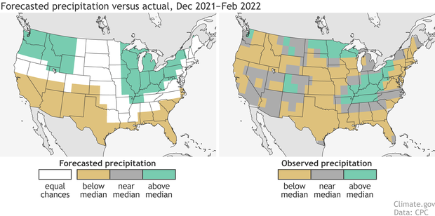 Winter Precipitation Outlook 2021-2022. Blue areas (left) forecast and observed (right) indicate above-average precipitation. Tan areas reflect forecast and observed below-average precipitation. Dry areas were forecast across the south and that was mostly observed.