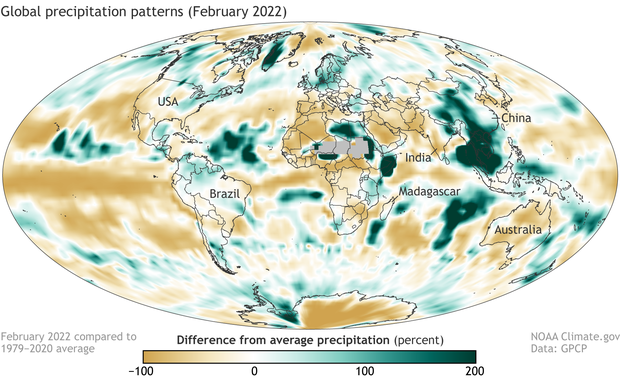 Global map showing February 2022 precipitation as a percent difference from average 
