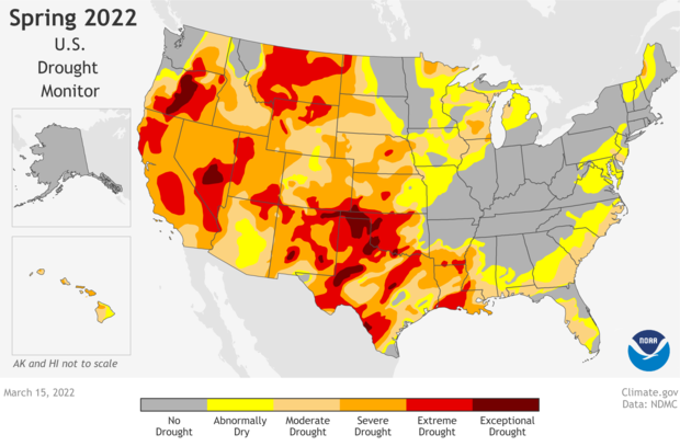 Map of United States showing different levels of drought as of March 15, 2022