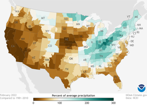 Map of contiguous United States showing precipitation patterns in February 2022 compared to average