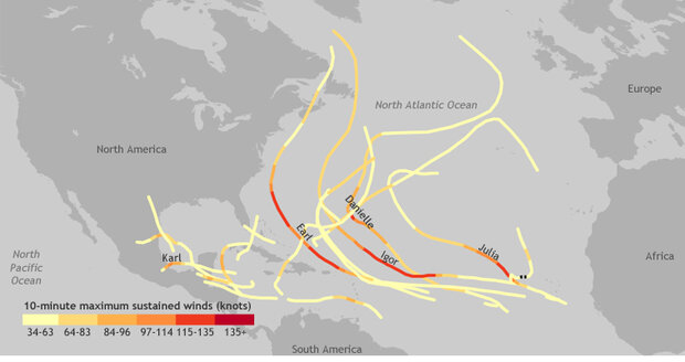 Map of hurricane tracks