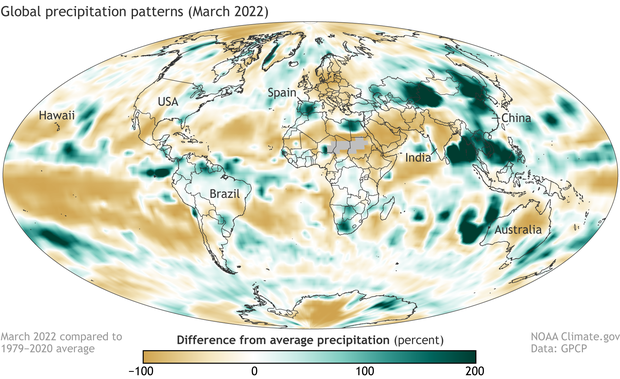 Global map of percent difference from average precipitation in March 2022