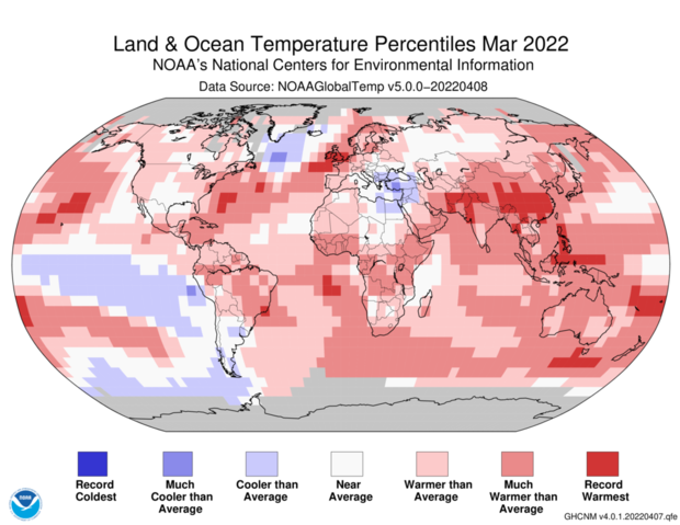 Global map showing temperature rankings for March 2022 compared to the historical record