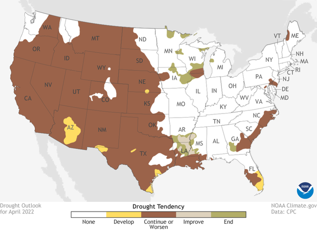 US Drought outlook for April 2022. Brown areas across the west indicate that drought will remain. Yellow areas in Arizona, Colorado and Texas indicate drought to develop. Greener colors in Louisiana and Missouri indicate that drought will improve or be removed.