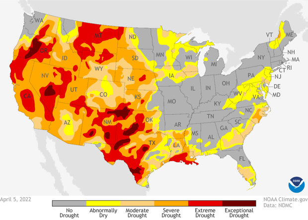Map of contiguous United States showing drought status as of April 5, 2022