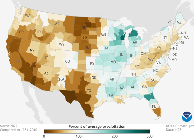 Map of contiguous United States showing the much below average precipitation across the West in March 2022