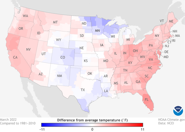 Map of contiguous United States showing temperatures in March 2022 compared to the 1981-2010 average.