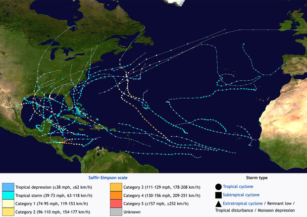 Map of 2020 Atlantic hurricane tracks