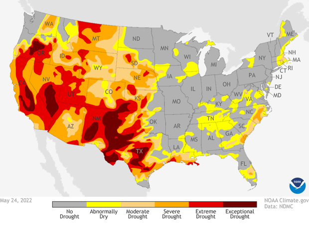 May 24, 2022 US Drought monitor. Yellow, orange and reds across western US indicate different severity levels of drought.