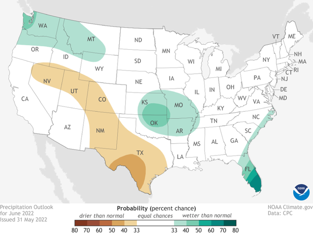 Contiguous US June 2022 precipitation outlook. Browns across Texas and Southwest indicate odds favor a drier than average month. Blues over Florida, central Plains and Northwest indicate odds favoring a wetter than average month. 
