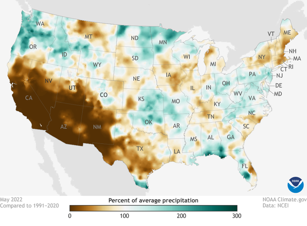 Map of percent of average precipitation across the United States in May 2022