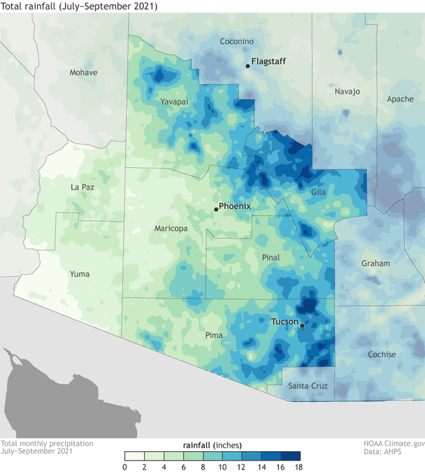 Map of rainfall in summer 2021 in Arizona