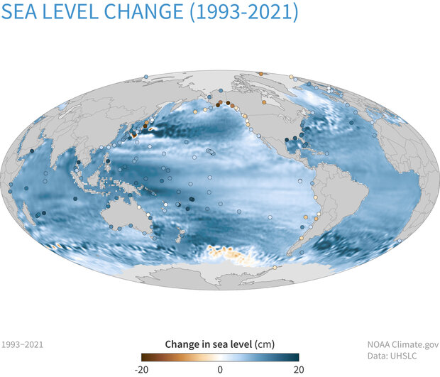 Global map of sea level rise since 1993