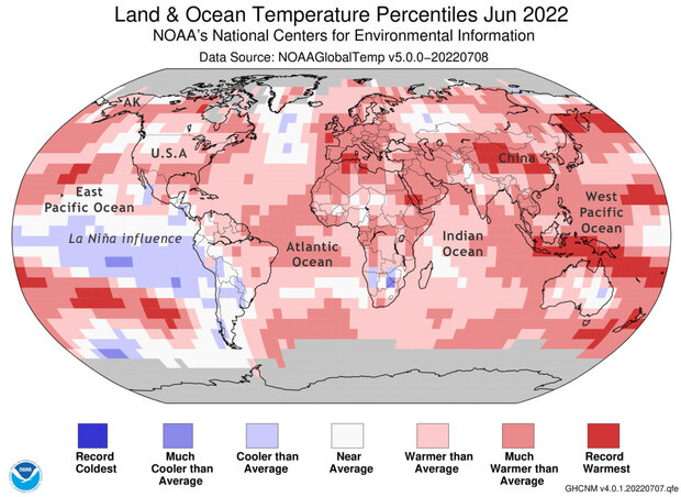 Global map of June 2022 temperature rankings