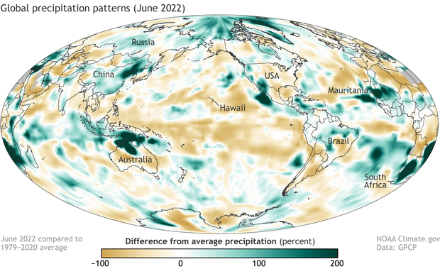 GLobal map of percent difference from average precipitation for June 2022