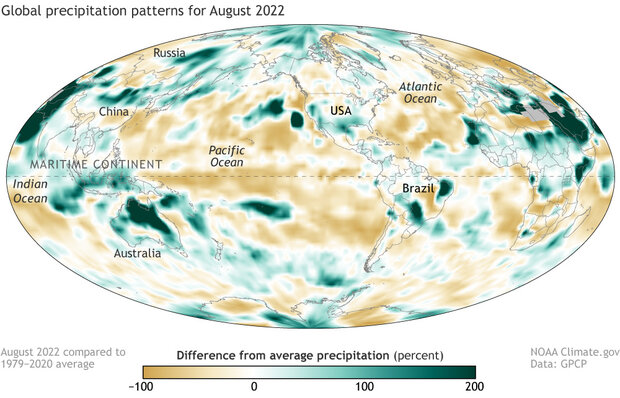 Global map of August 2022 precipitation showing many land areas were wetter than average and ocean areas were largely drier than average