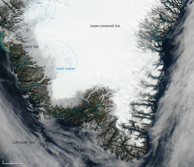 Photo-like satellite image of southern Greenland showing bare ice and melt water on the ice sheet
