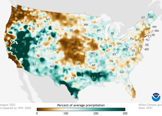 Map of August 2022 percent of average precipitation for the United States