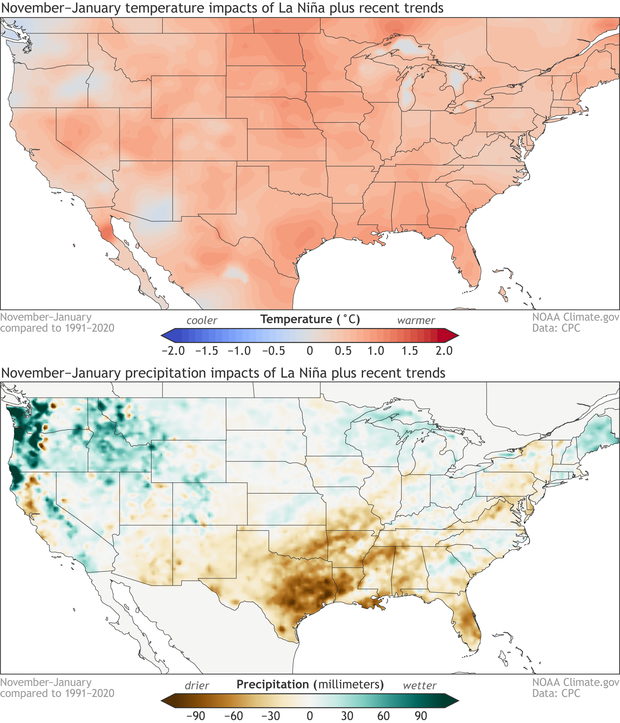 maps showing La Niña and trend impacts for temperature and precipitation during Nov–Jan