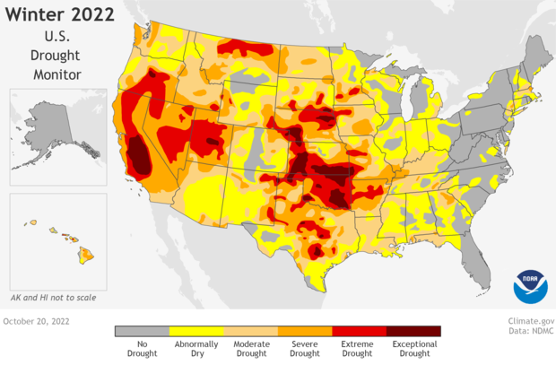 Map of U.S. drought conditions as of October 20, 2022