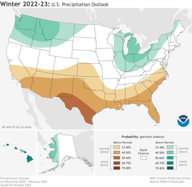 U.S. map showing where there are elevated chances of a much drier or wetter than average winter
