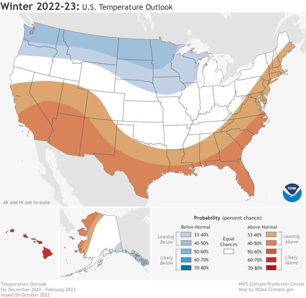 U.S. map showing where chances are elevated for a warm or cool winter