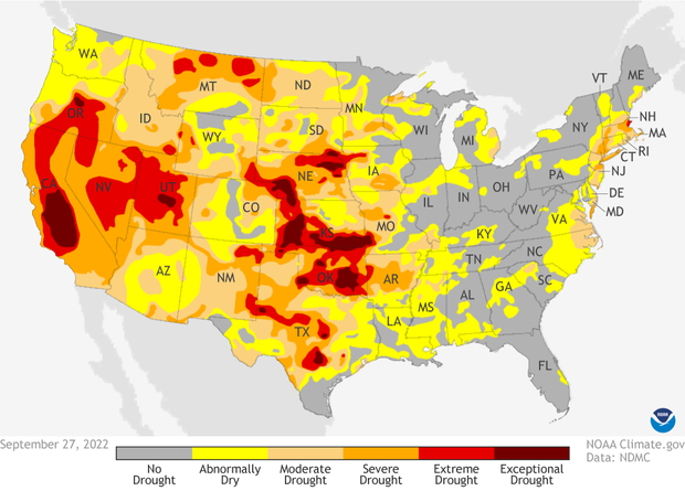 US Drought monitor for September 27, 2022. Yellows, oranges and reds over western US, central Plains and Northeast indicate increasing severities of drought.