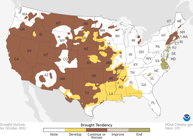 October 2022 Drought Outlook. Browns over western US indicate drought is expected to remain. Greens over Mid-Atlantic indicate where drought removal is likely. Yellows over Gulf Coast and Plains indicates where drought improvement is favored.