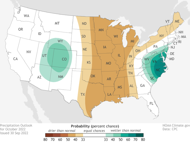 October 2022 Precipitation Outlook. Blues over Mid-Atlantic and Front Range in Colorado indicate wetter than average conditions are forecast. Brown over central US indicate a drier than average month is favored.