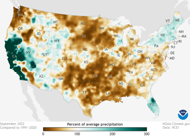 Map of U.S. precipitation anomalies in September 2022