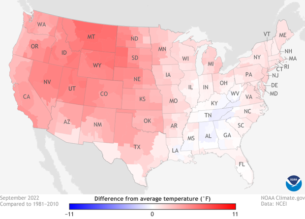Map of U.S. temperature anomalies in September 2022