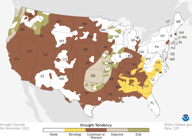 November 2022 Drought outlook. Browns out west and southern US indicates where drought is expected to remain. Yellows over southeast indicate where drought is expected to expand. Greens over southern Plains indicates where drought is expected to improve or be removed.