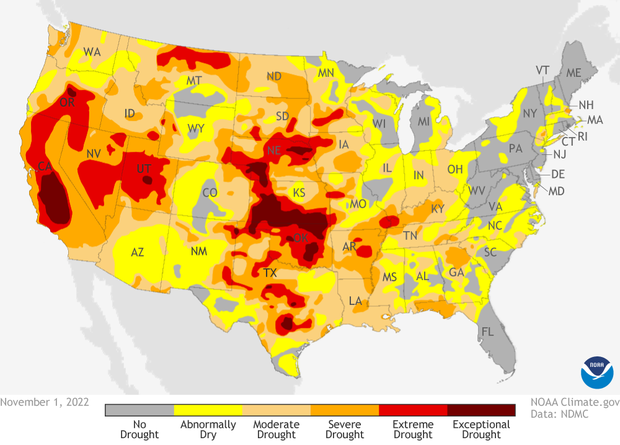 Map of U.S. drought conditions as of Nov 1, 2022
