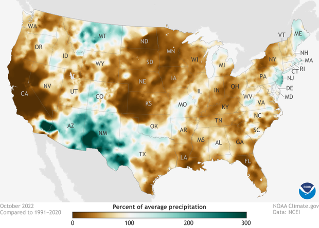 Map of United States showing October 2022 precipitation as a percent of the 1991-2020 average
