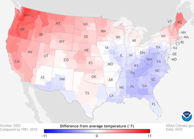 Map of United States showing October 2022 temperature compared to the 1981-2010 averageerature in October 2022