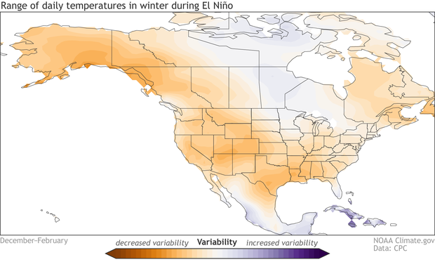 Map showing the change in daily temperature variability during El Niño