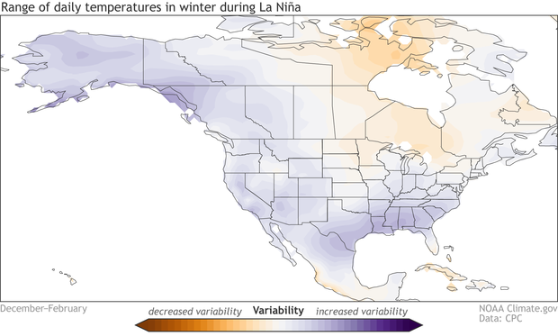 Map showing the change in daily temperature variability during La Niña